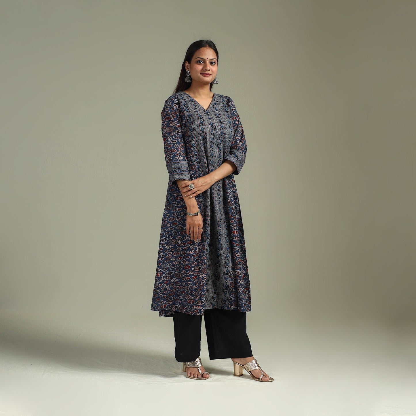 Hand block print natural dyed cotton a-line ajrakh kurta