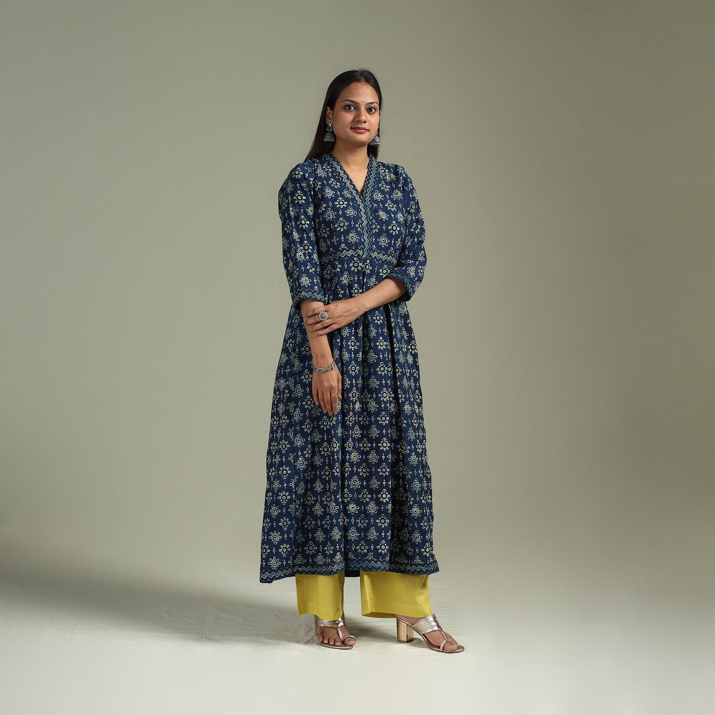 Hand block print natural dyed cotton a-line ajrakh kurta