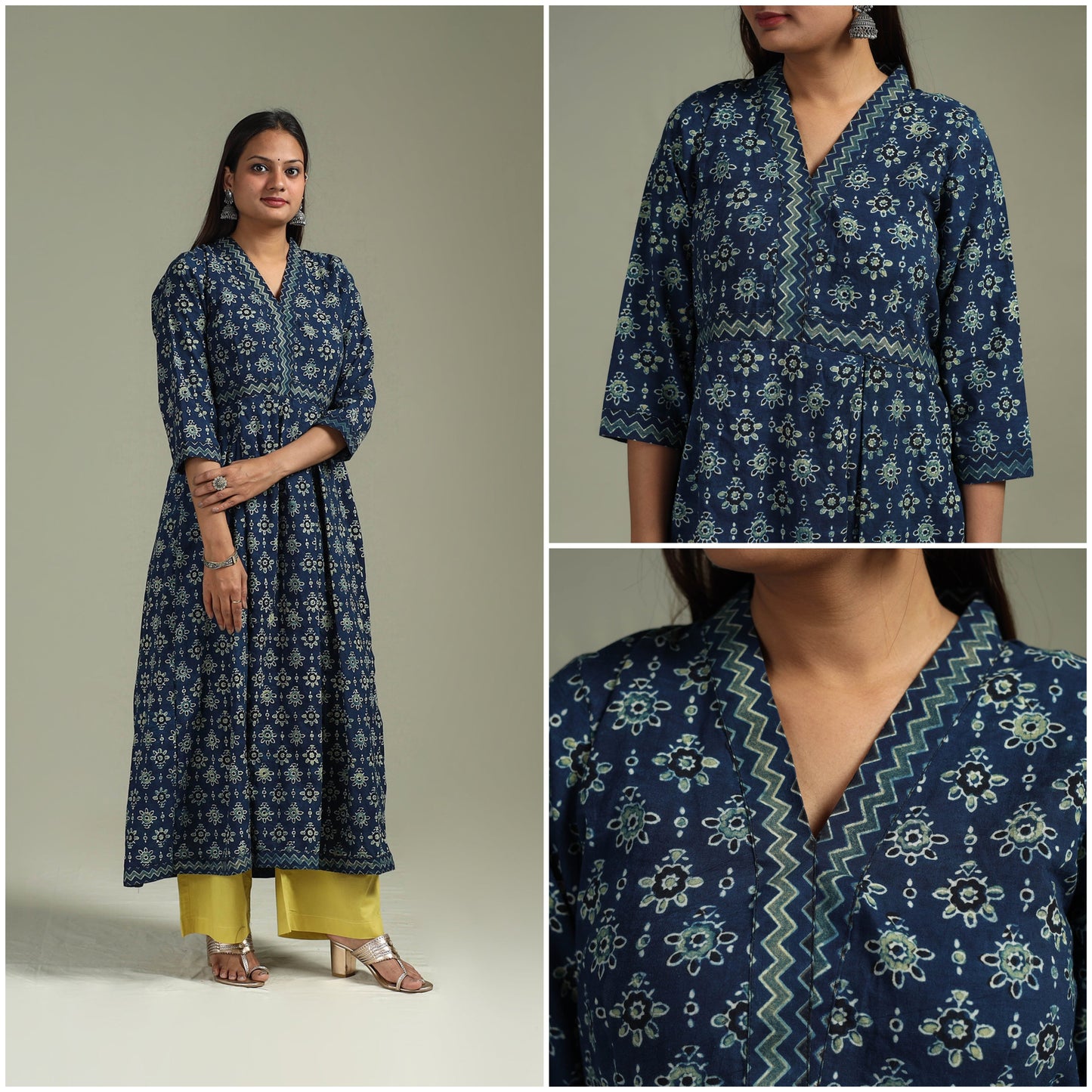 Hand block print natural dyed cotton a-line ajrakh kurta