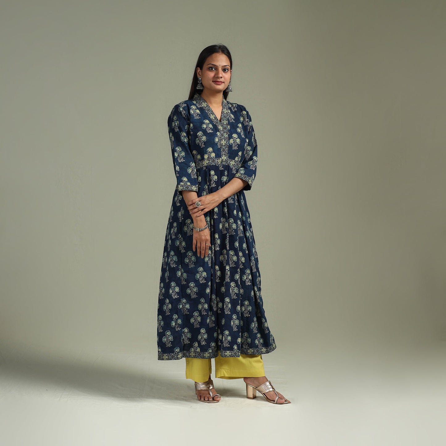 Hand block print natural dyed cotton a-line ajrakh kurta