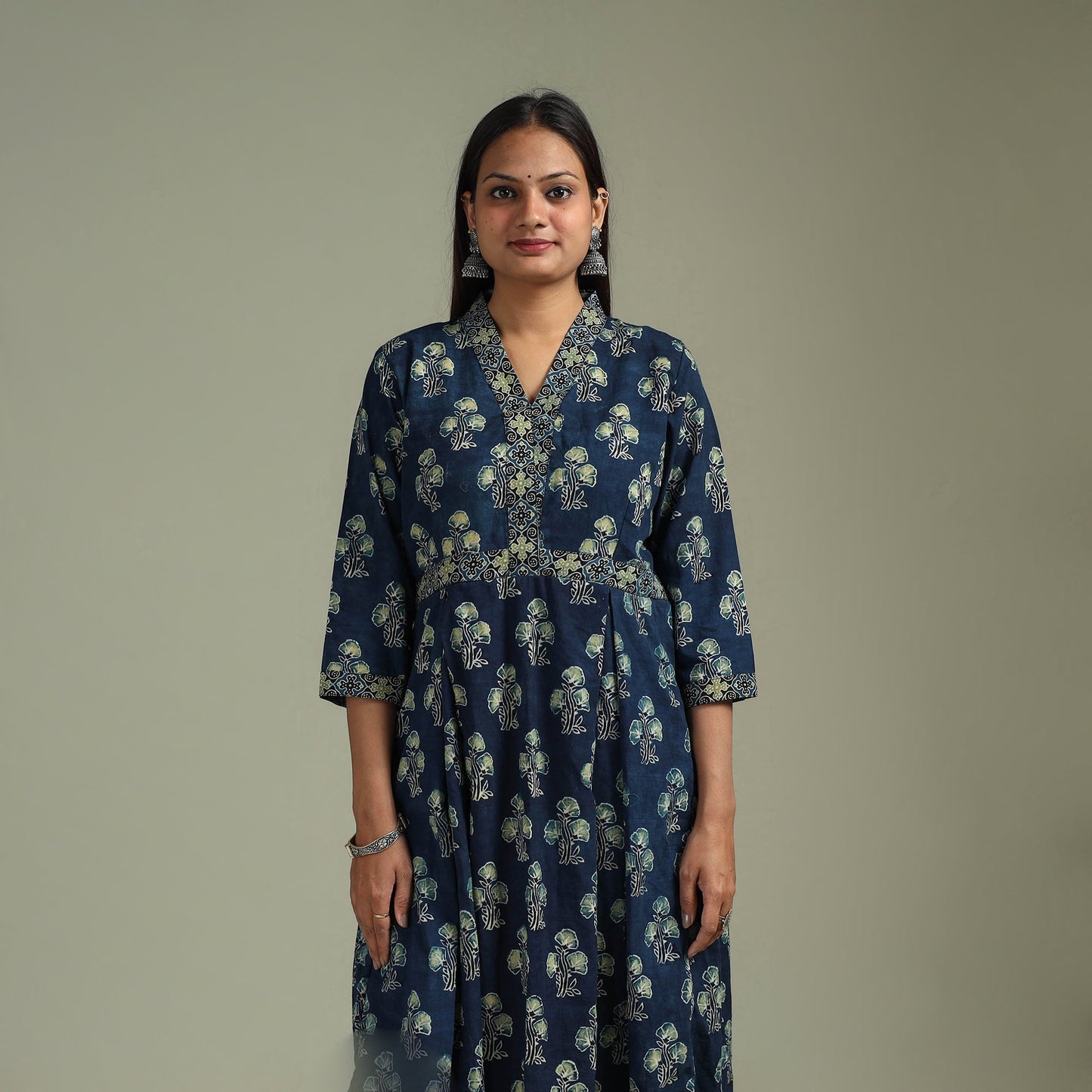 Hand block print natural dyed cotton a-line ajrakh kurta