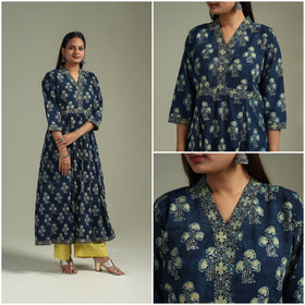 Hand block print natural dyed cotton a-line ajrakh kurta