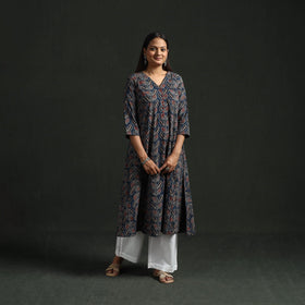 Hand block print natural dyed cotton a-line ajrakh kurta