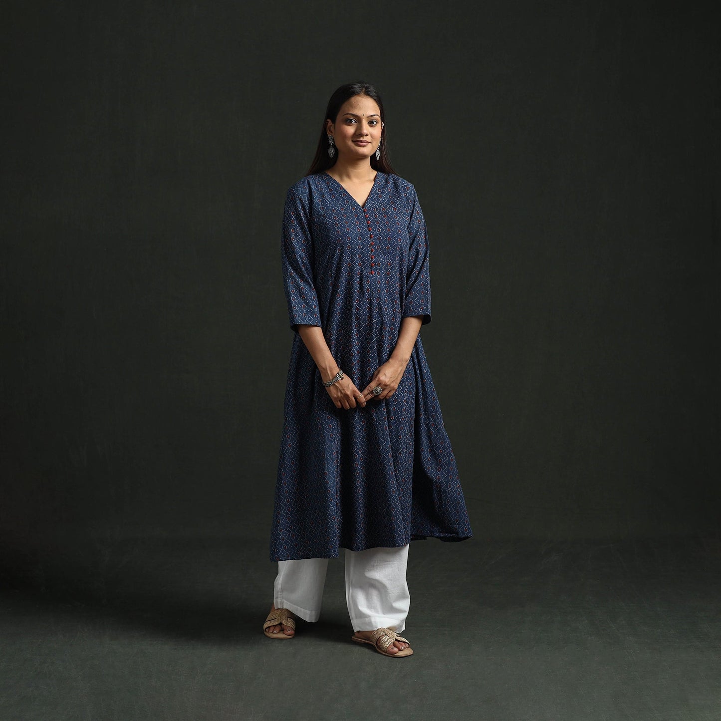 Hand block print natural dyed cotton a-line ajrakh kurta