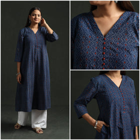 Hand block print natural dyed cotton a-line ajrakh kurta