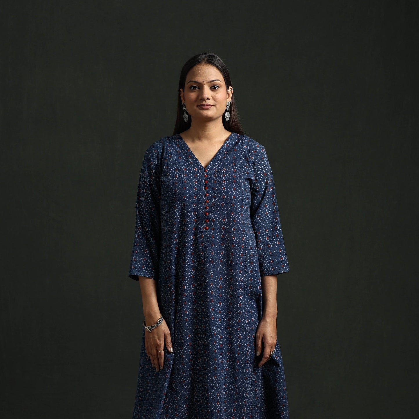 Hand block print natural dyed cotton a-line ajrakh kurta