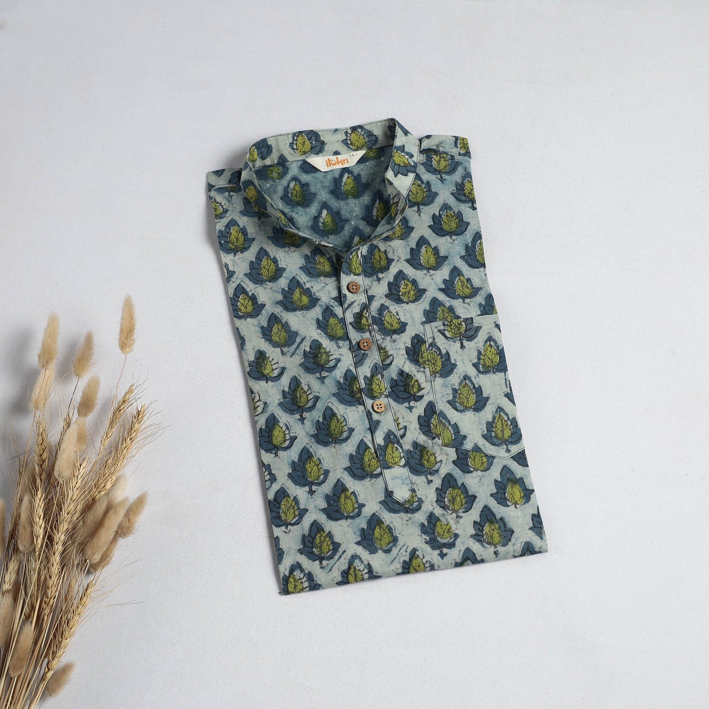 Hand block print natural dyed cotton short bagru kurta
