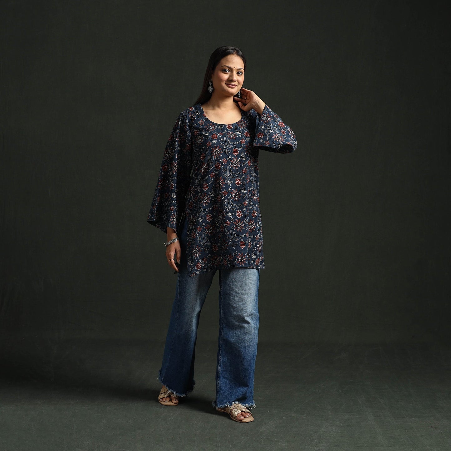Hand block print natural dyed cotton short ajrakh kurta