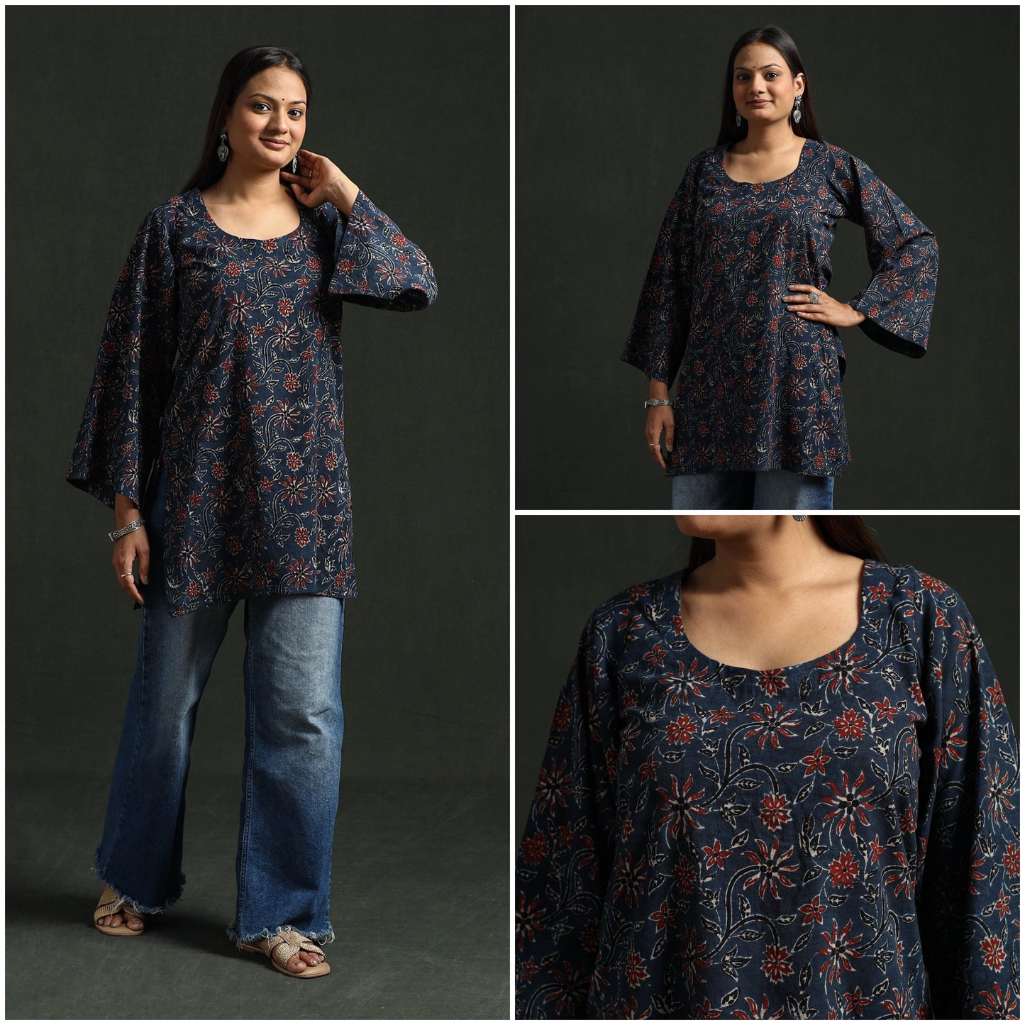 Hand block print natural dyed cotton short ajrakh kurta