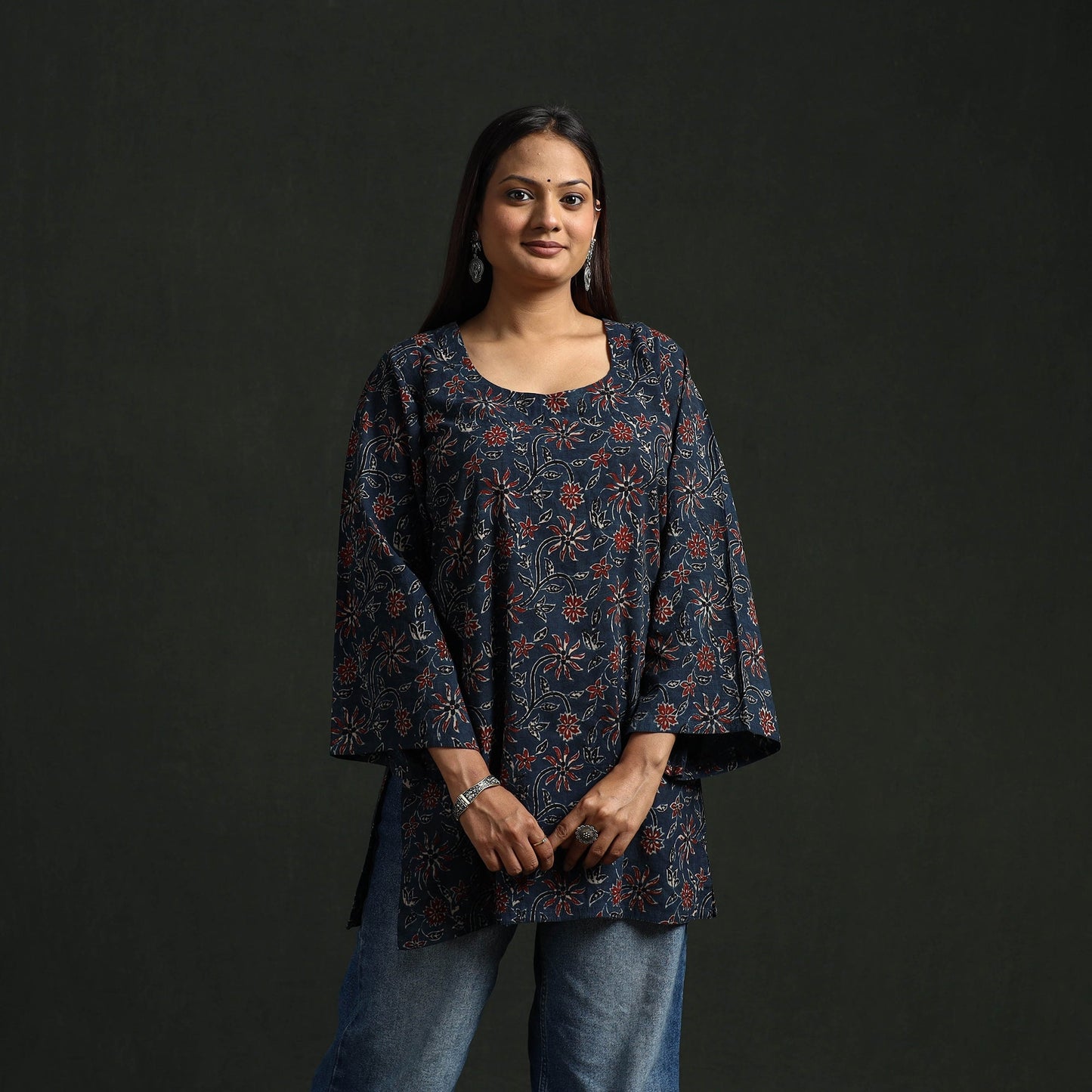 Hand block print natural dyed cotton short ajrakh kurta