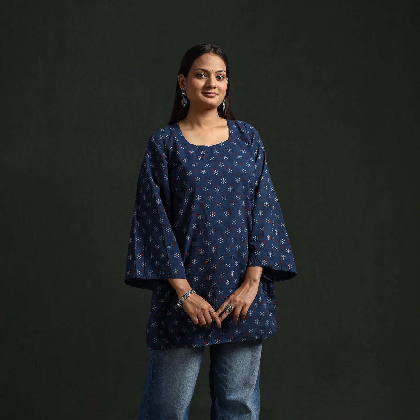 Hand block print natural dyed cotton short ajrakh kurta