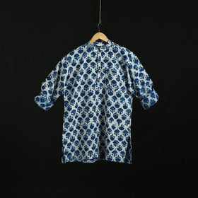 Hand block print natural dyed cotton short bagru kurta