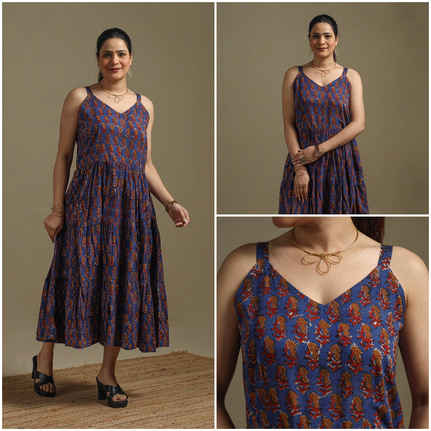 Hand natural dyed cotton tiered bagru dress 08 - handcrafted