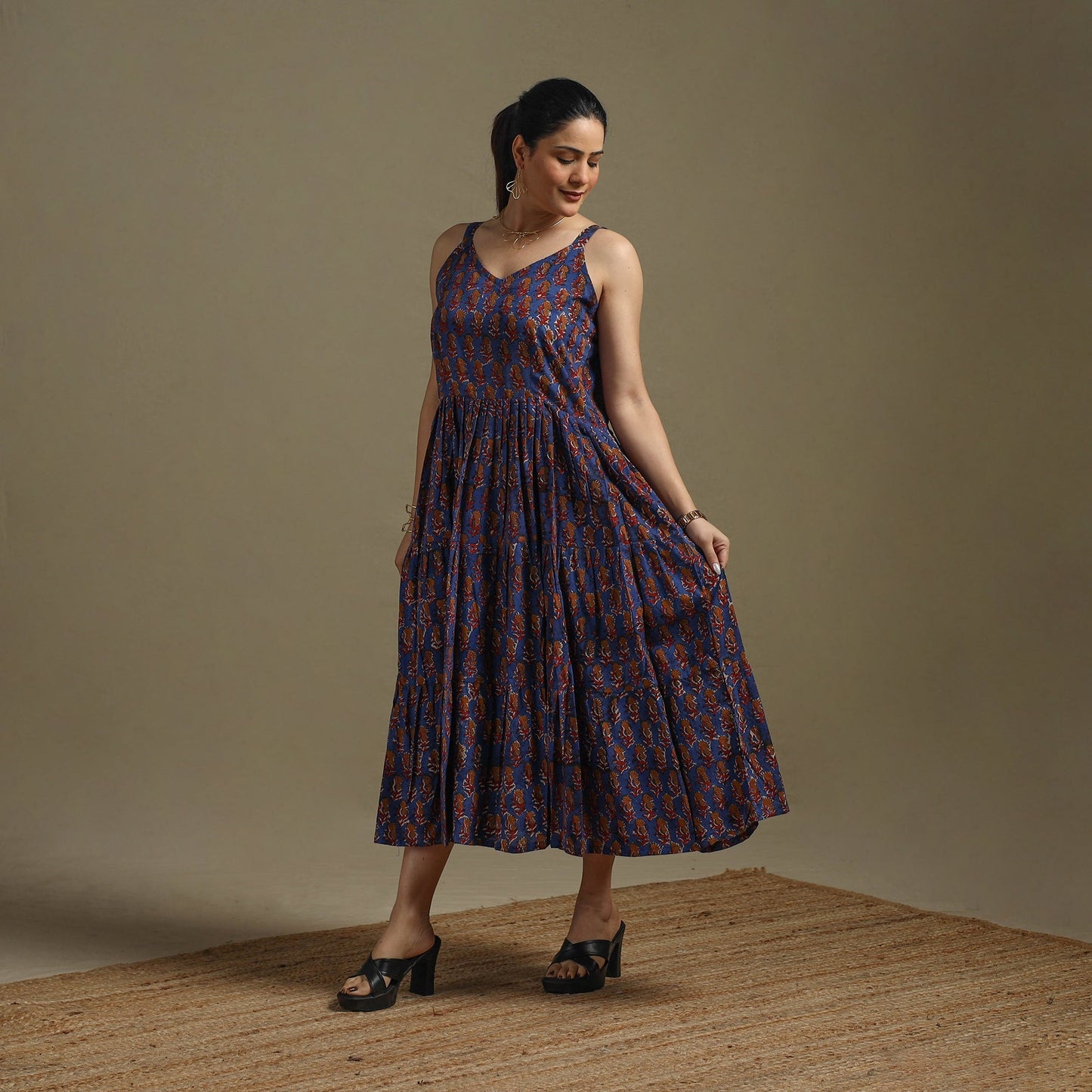 Hand natural dyed cotton tiered bagru dress 08 - handcrafted
