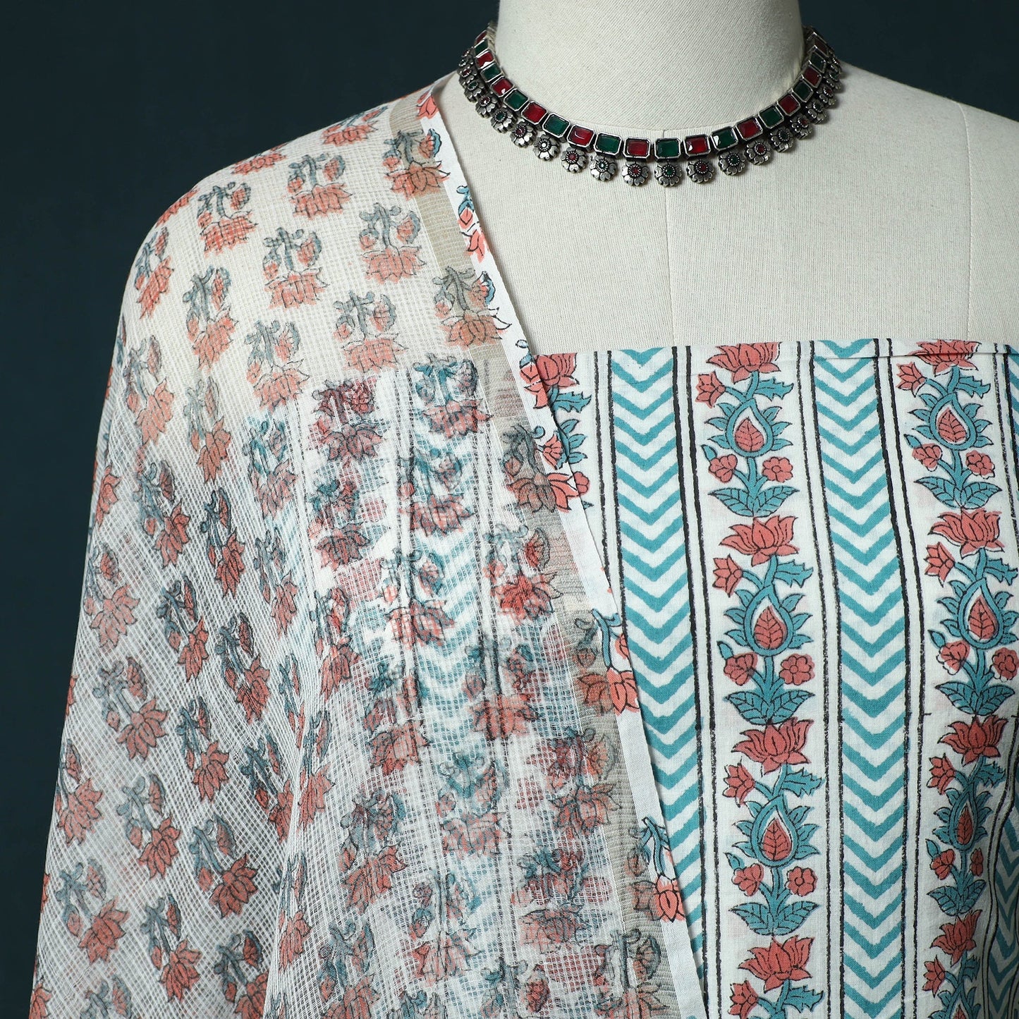 Hand block print sanganeri cotton 3pc unstitched dress