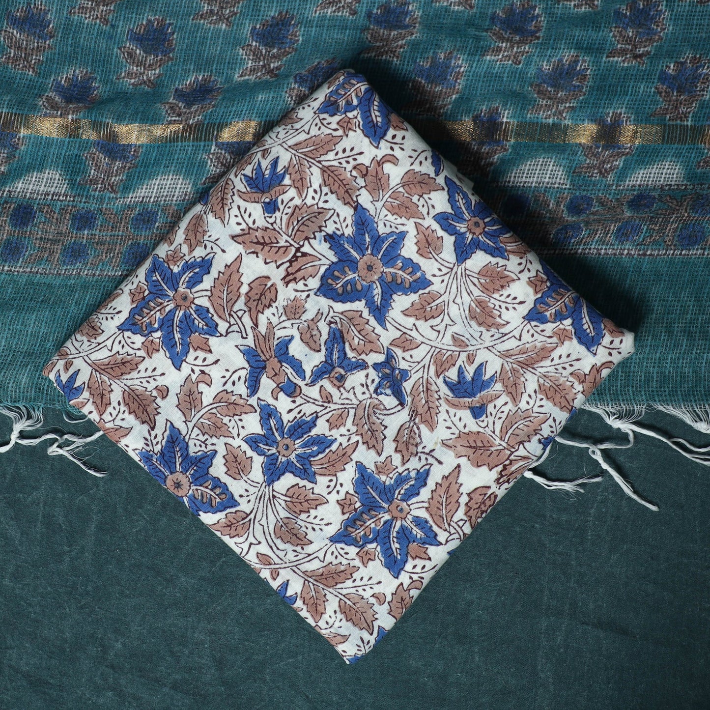 Hand block print sanganeri cotton 3pc unstitched dress