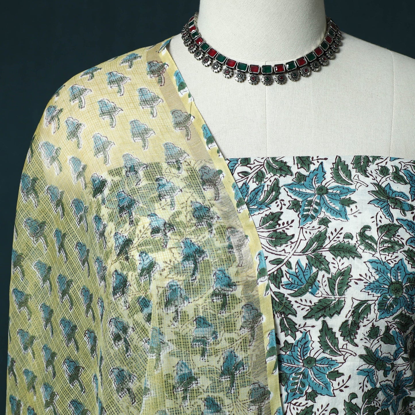 Hand block print sanganeri cotton 3pc unstitched dress