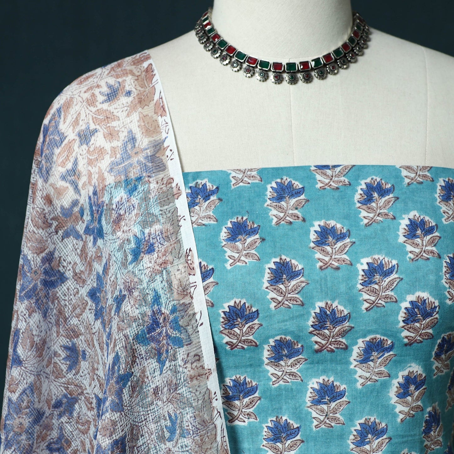 Hand block print sanganeri cotton 3pc unstitched dress