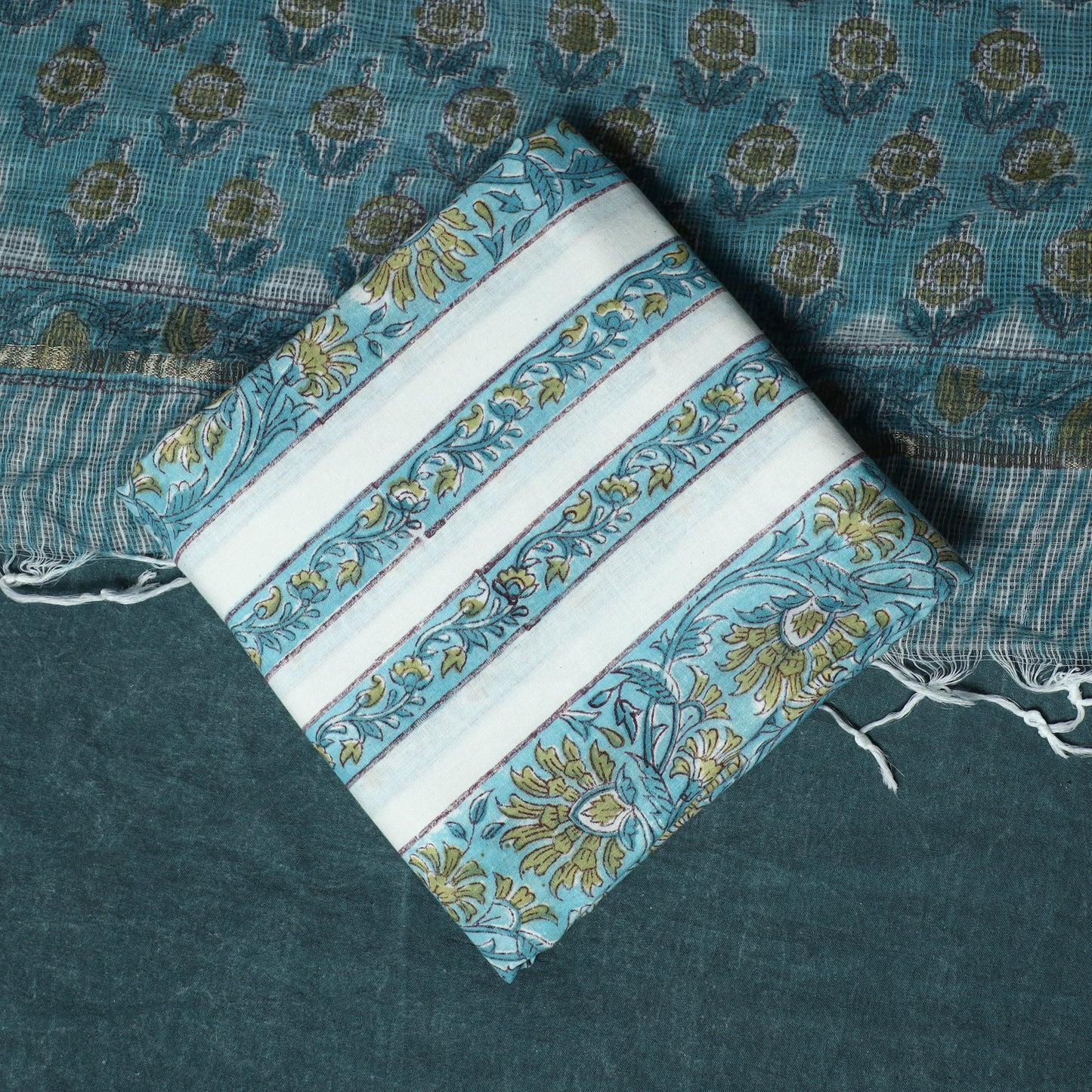 Hand block print sanganeri cotton 3pc unstitched dress