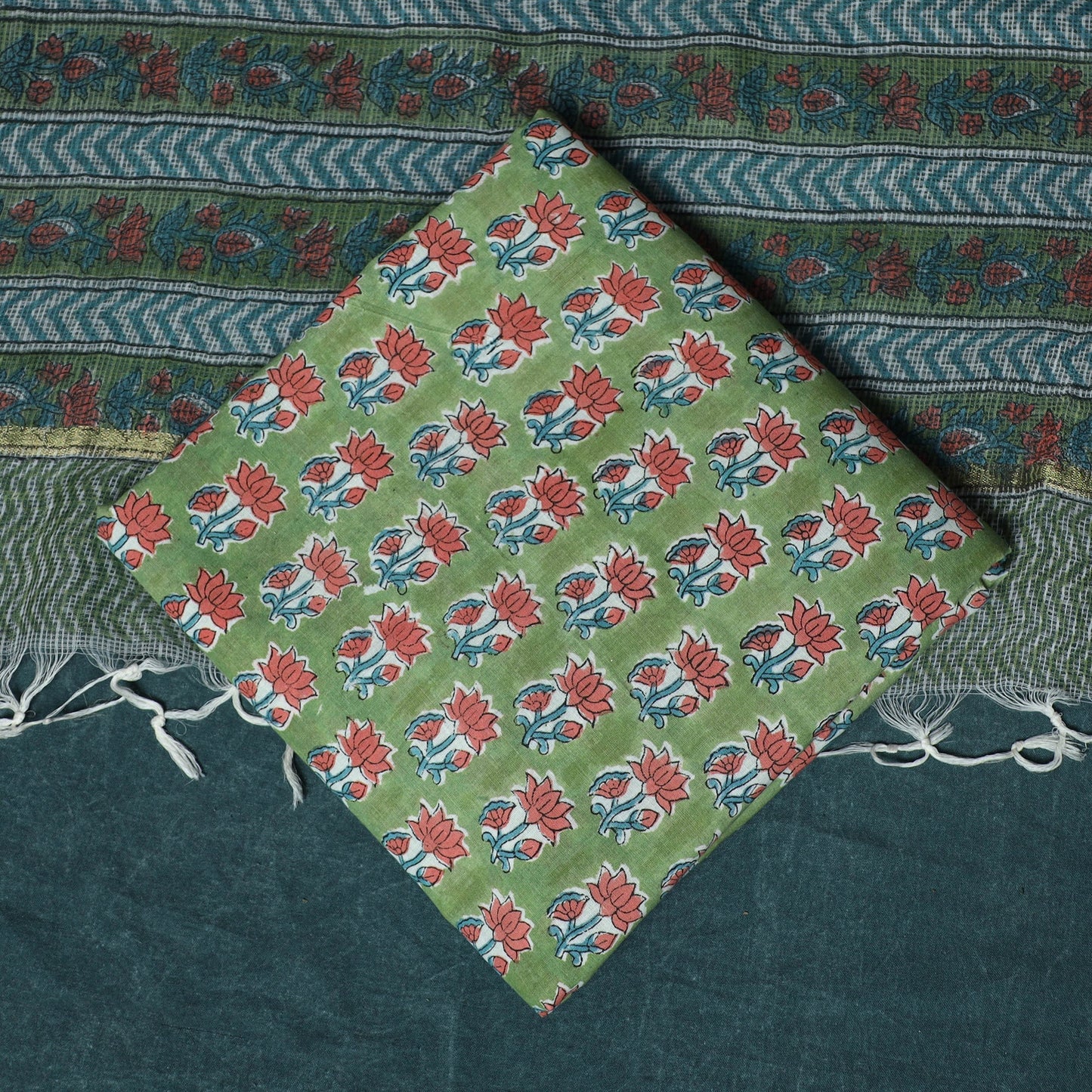 Hand block print sanganeri cotton 3pc unstitched dress
