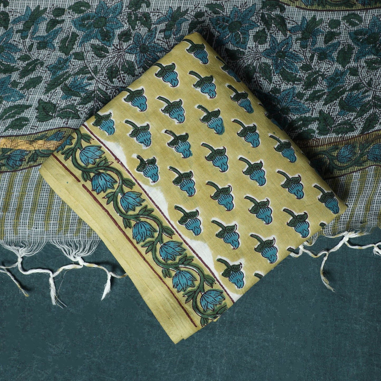Hand block print sanganeri cotton 3pc unstitched dress