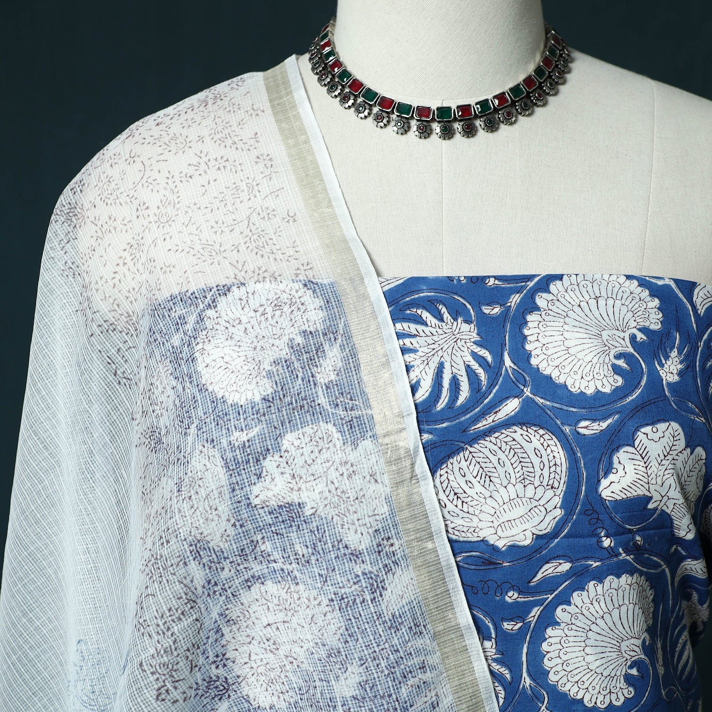Hand block print sanganeri cotton 3pc unstitched dress