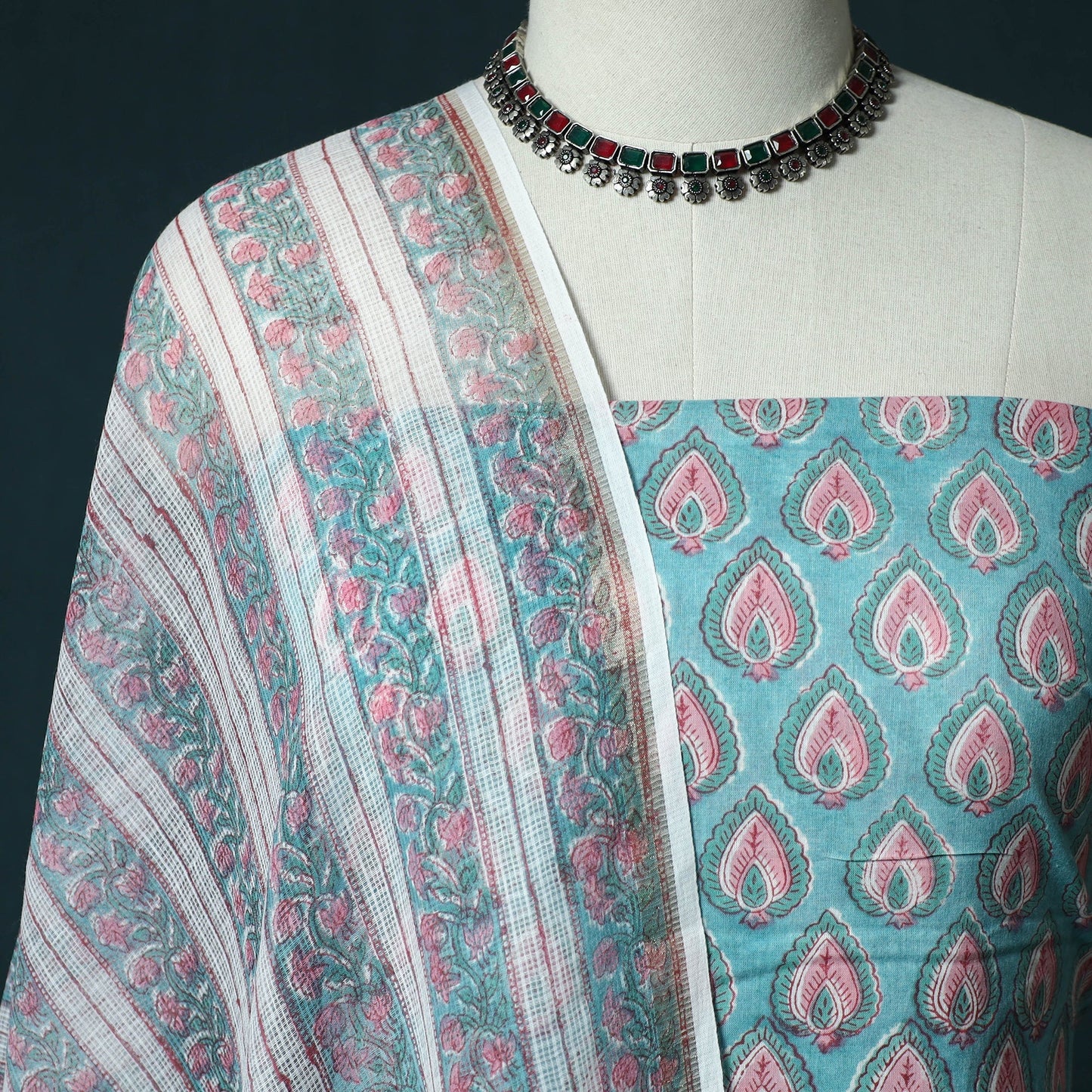 Hand block print sanganeri cotton 3pc unstitched dress