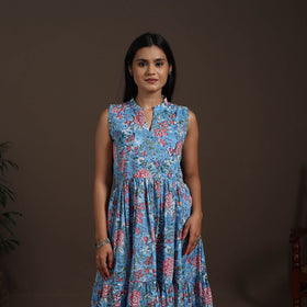 Blue - hand tiered sanganeri dress 07 - handcrafted