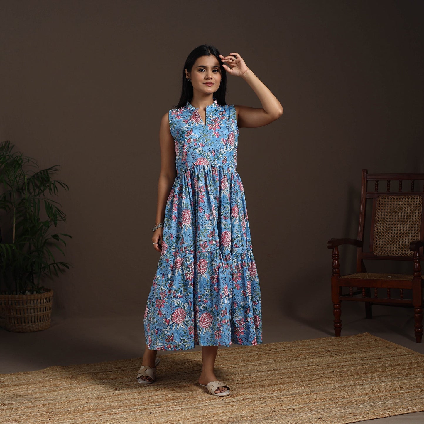 Blue - hand tiered sanganeri dress 07 - handcrafted
