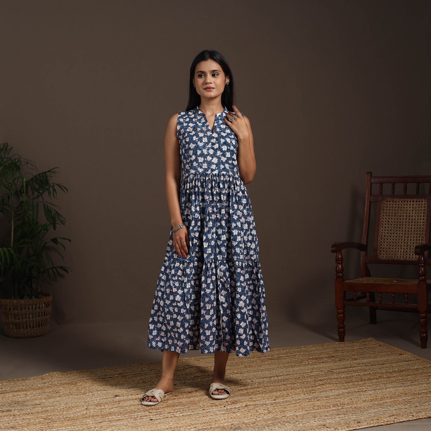 Blue - hand tiered sanganeri dress 08 - handcrafted