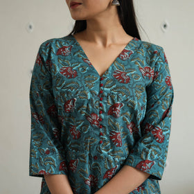 Blue Hand Block Print Cotton Straight Bagru Kurta for Women