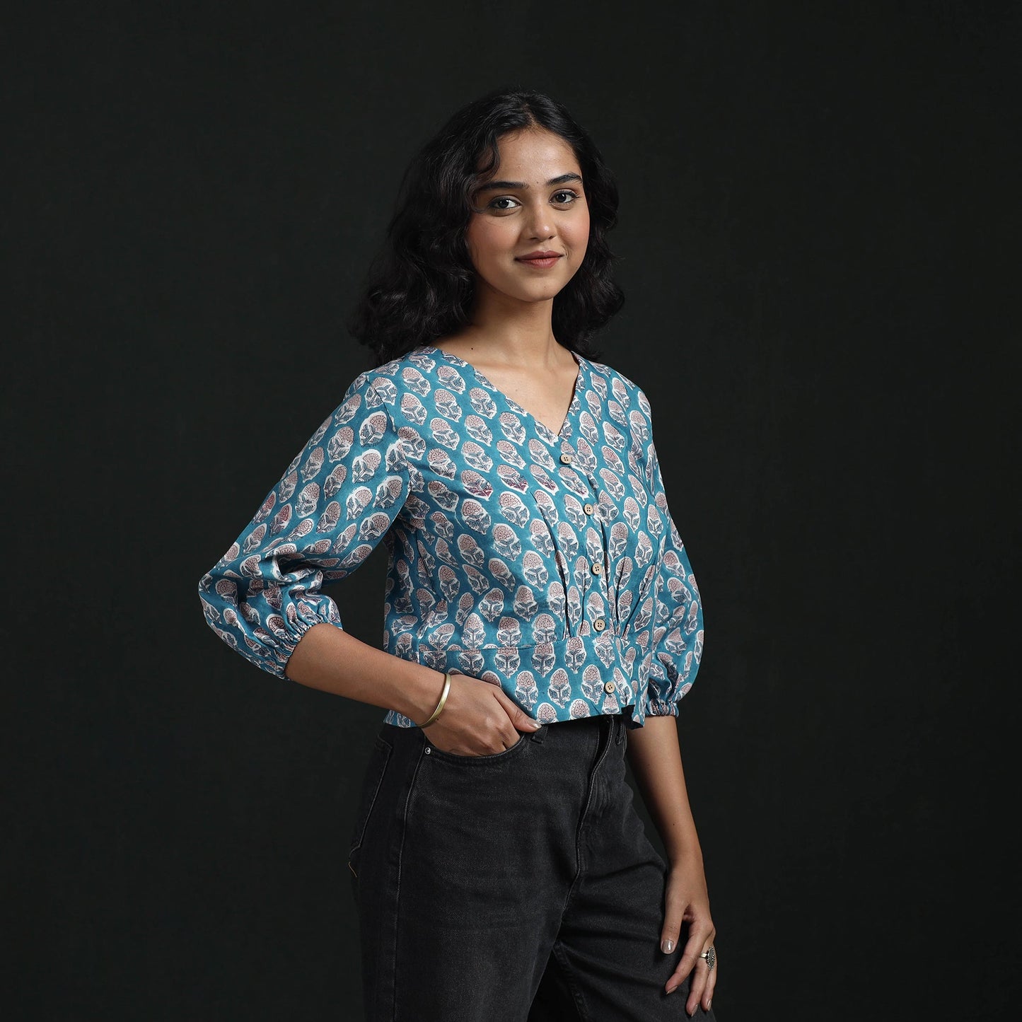Hand block sanganeri print cotton floral crop top 05