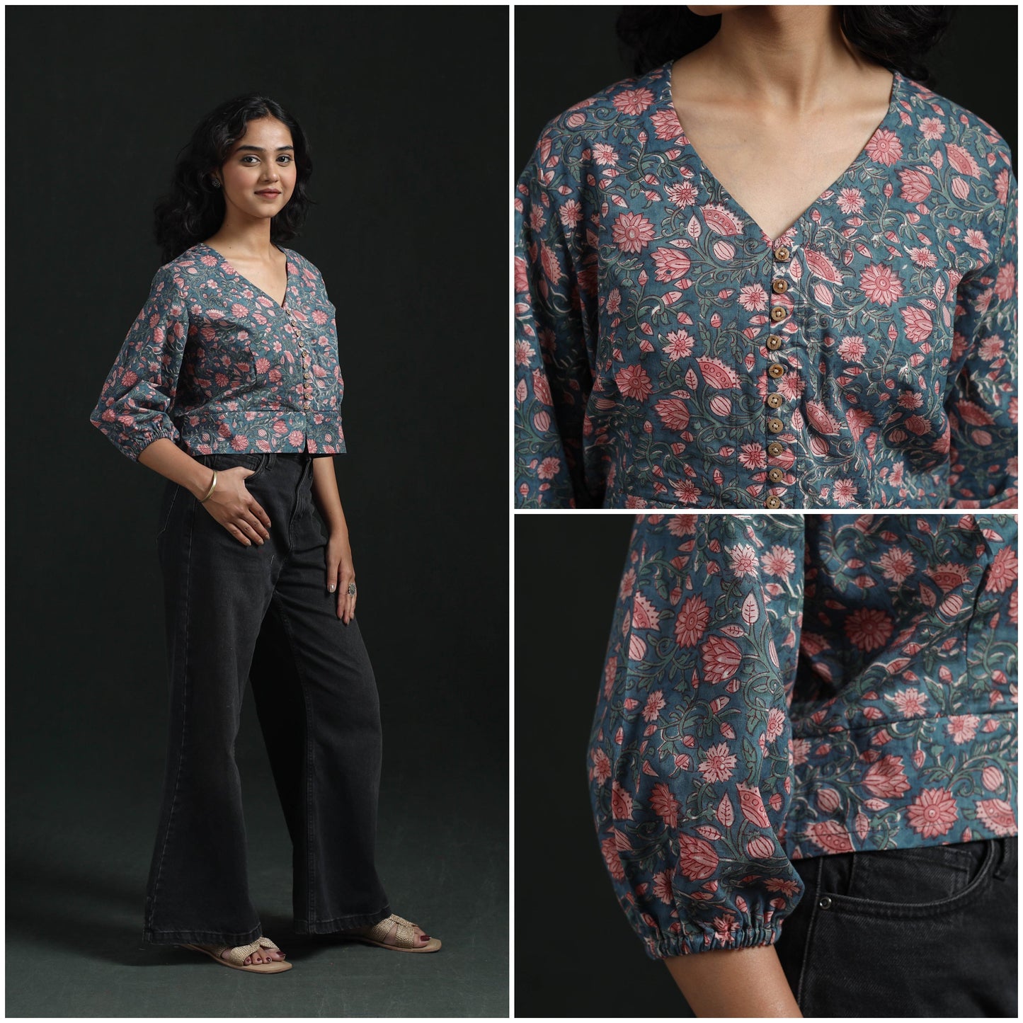 Hand block sanganeri print cotton floral crop top 08