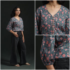 Hand block sanganeri print cotton floral crop top 08