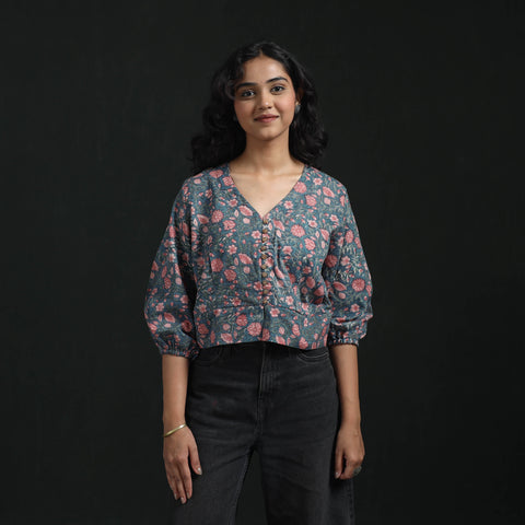 Hand block sanganeri print cotton floral crop top 08