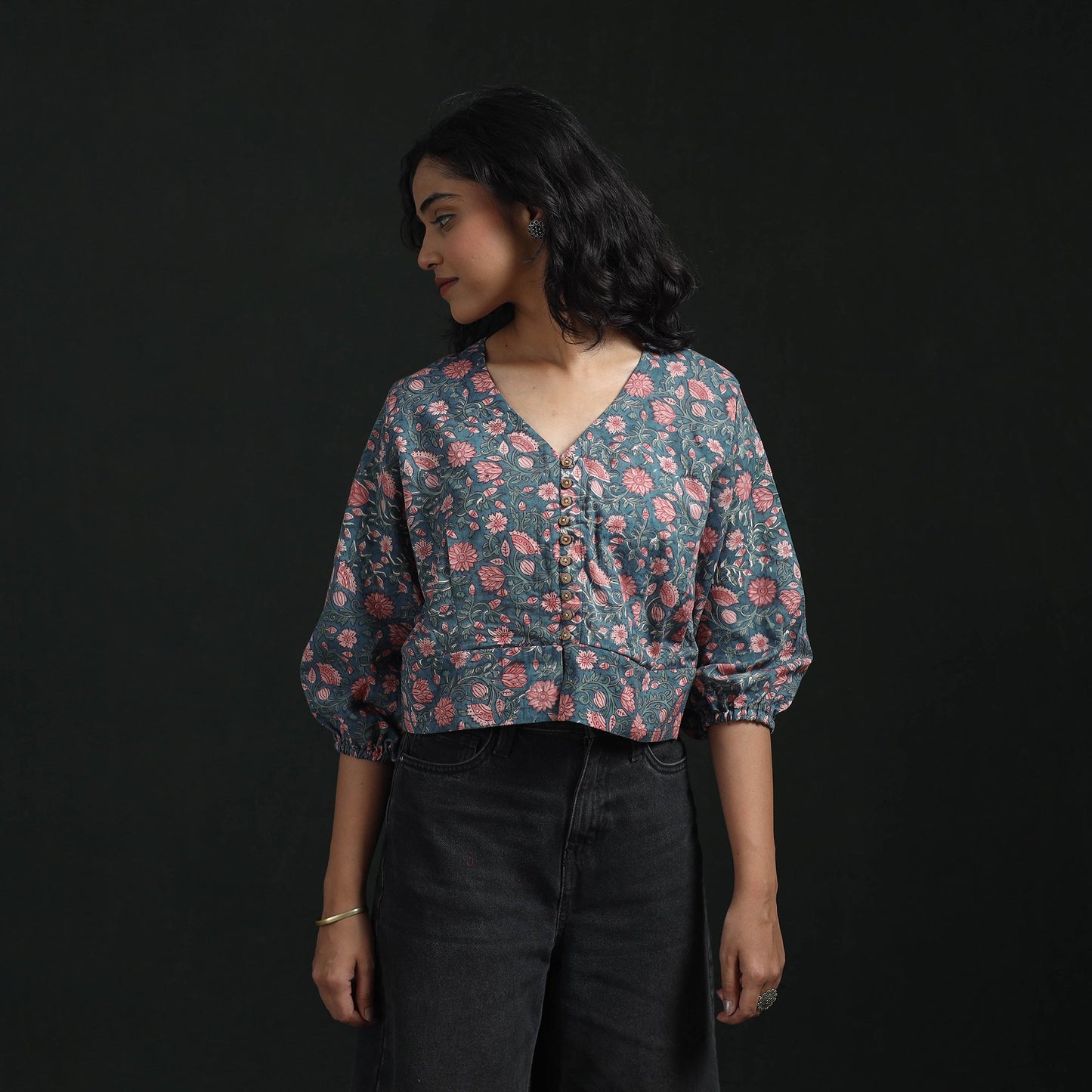 Hand block sanganeri print cotton floral crop top 08