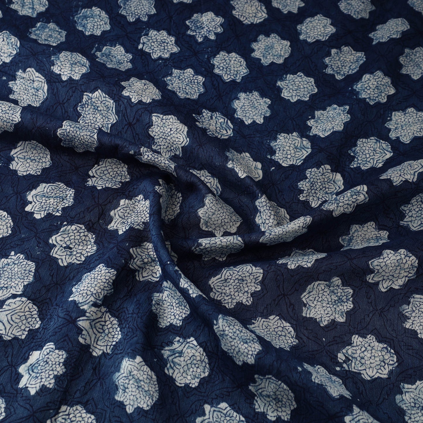 Hand Block Print Chanderi Silk Blue Bagru Fabric