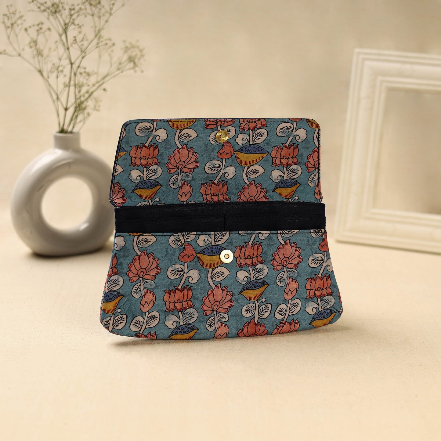 Blue Hand Print Clutch with Embossed Leather Flap