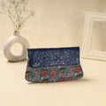 Blue Hand Print Clutch with Embossed Leather Flap