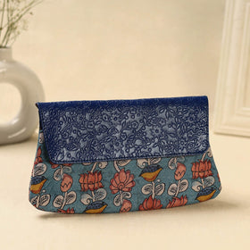 Blue Hand Print Clutch with Embossed Leather Flap