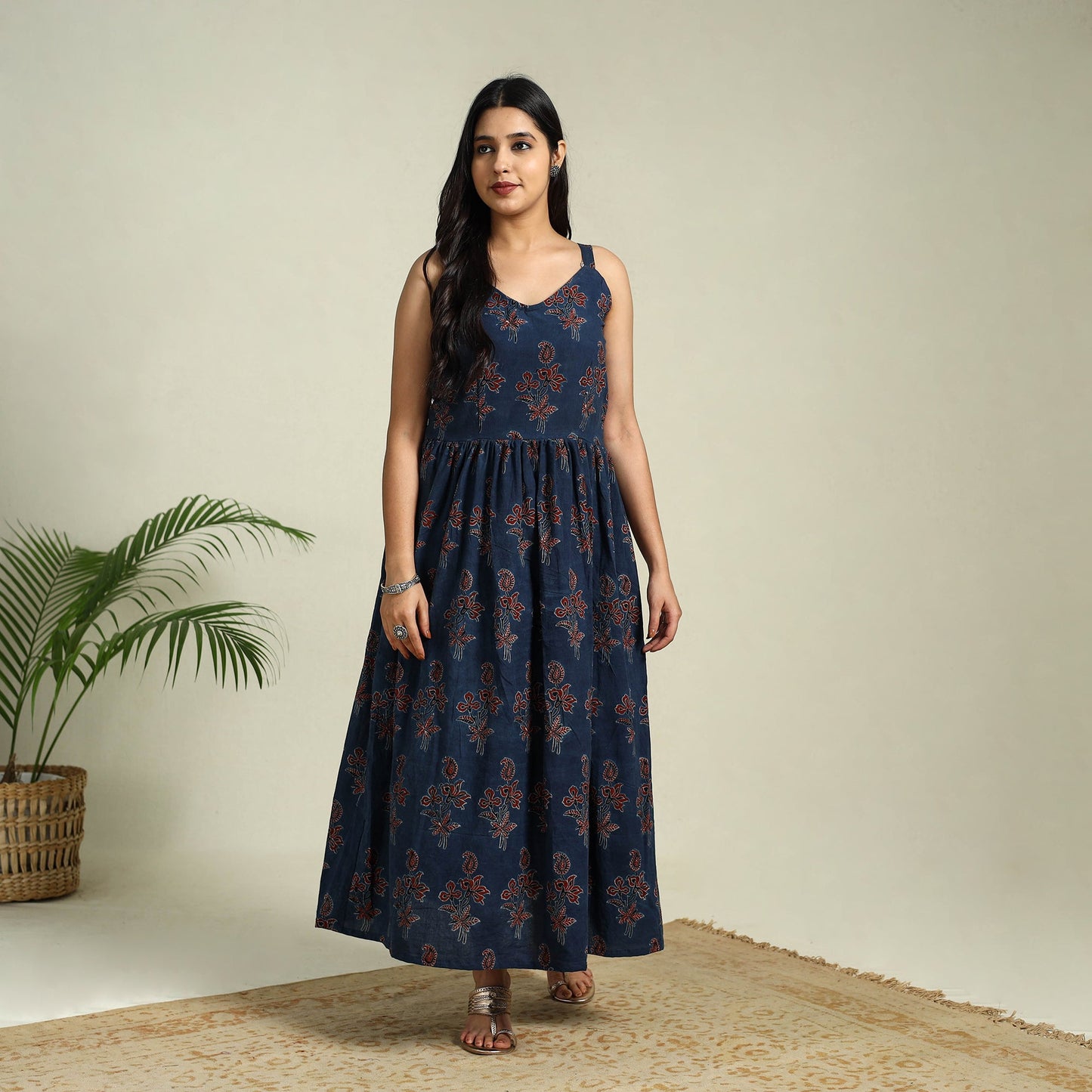 Blue Hand Block Print Cotton Flared Ajrakh Dress