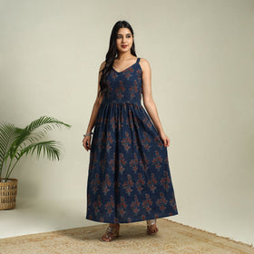  Blue Hand Block Print Cotton Flared Ajrakh Dress