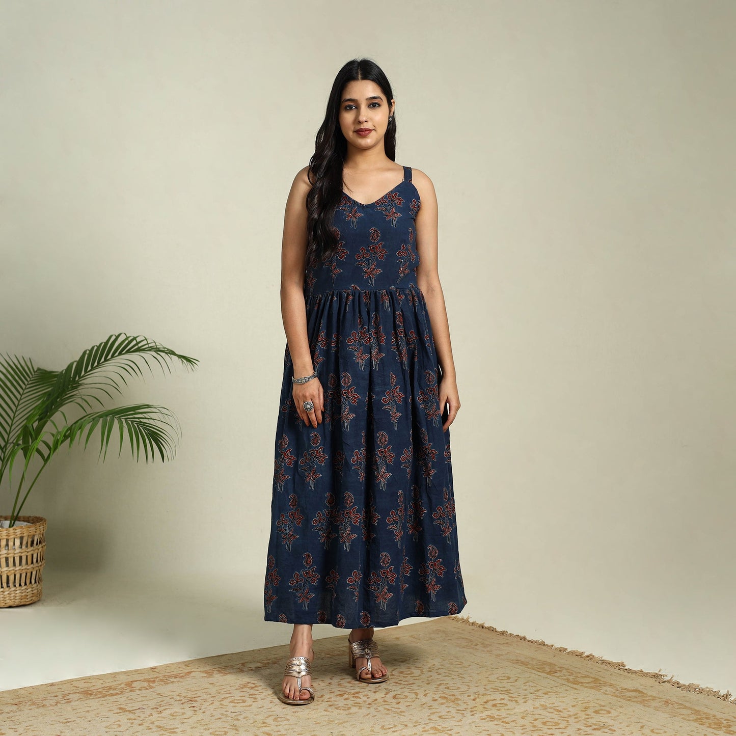  Blue Hand Block Print Cotton Flared Ajrakh Dress