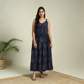  Blue Hand Block Print Cotton Flared Ajrakh Dress