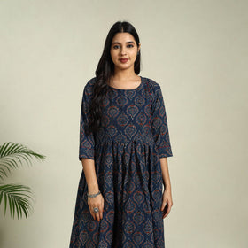 Buy Blue Hand Block Print Cotton Flared Ajrakh Dress