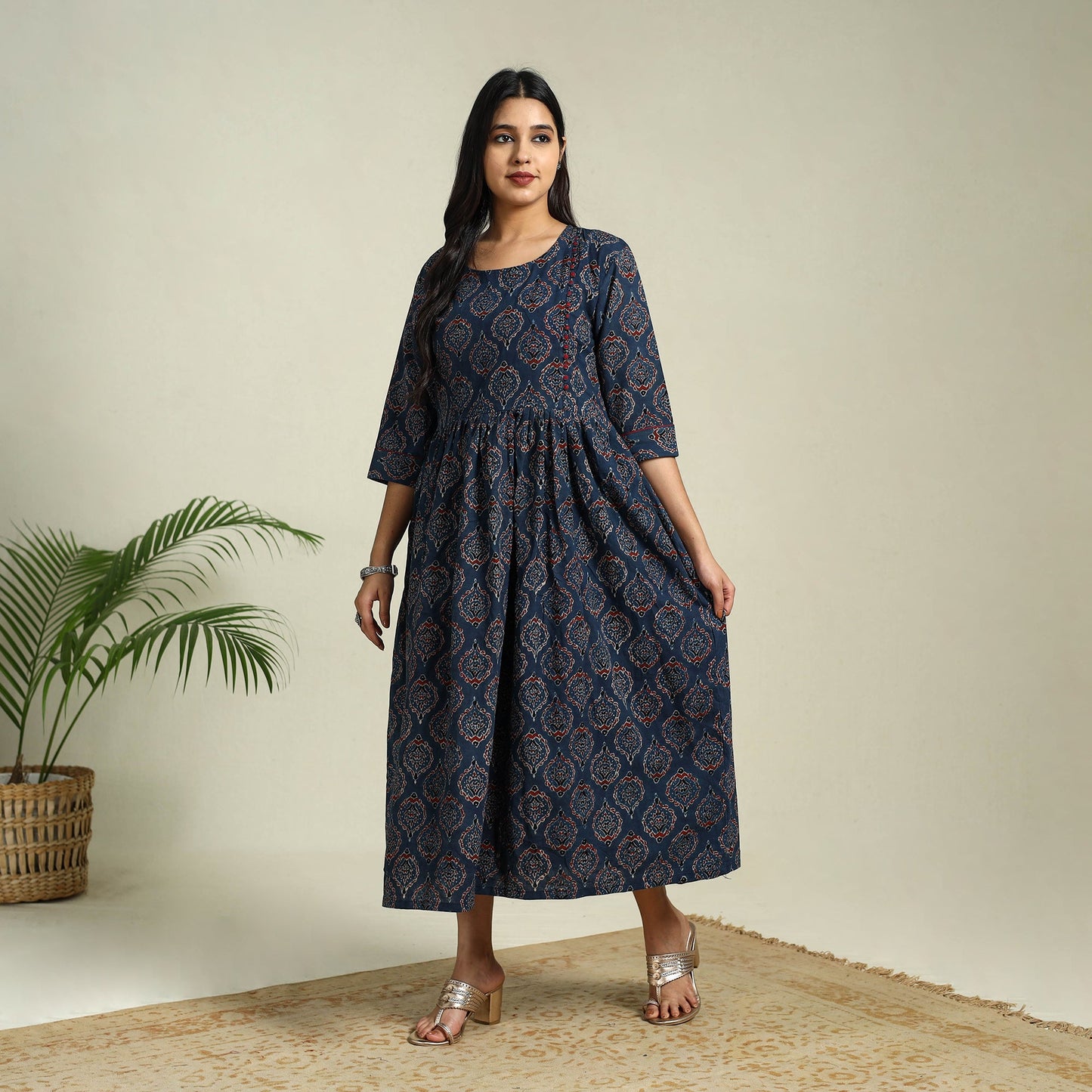 Buy Blue Hand Block Print Cotton Flared Ajrakh Dress