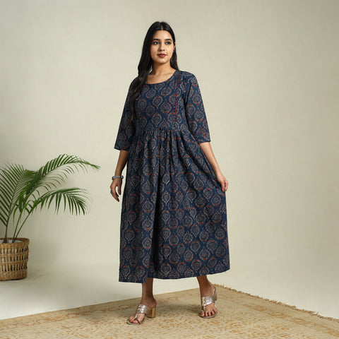 Buy Blue Hand Block Print Cotton Flared Ajrakh Dress