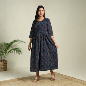 Buy Blue Hand Block Print Cotton Flared Ajrakh Dress