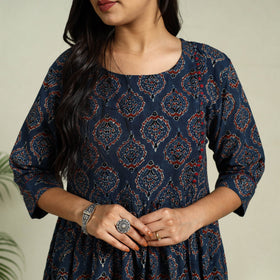 Buy Blue Hand Block Print Cotton Flared Ajrakh Dress
