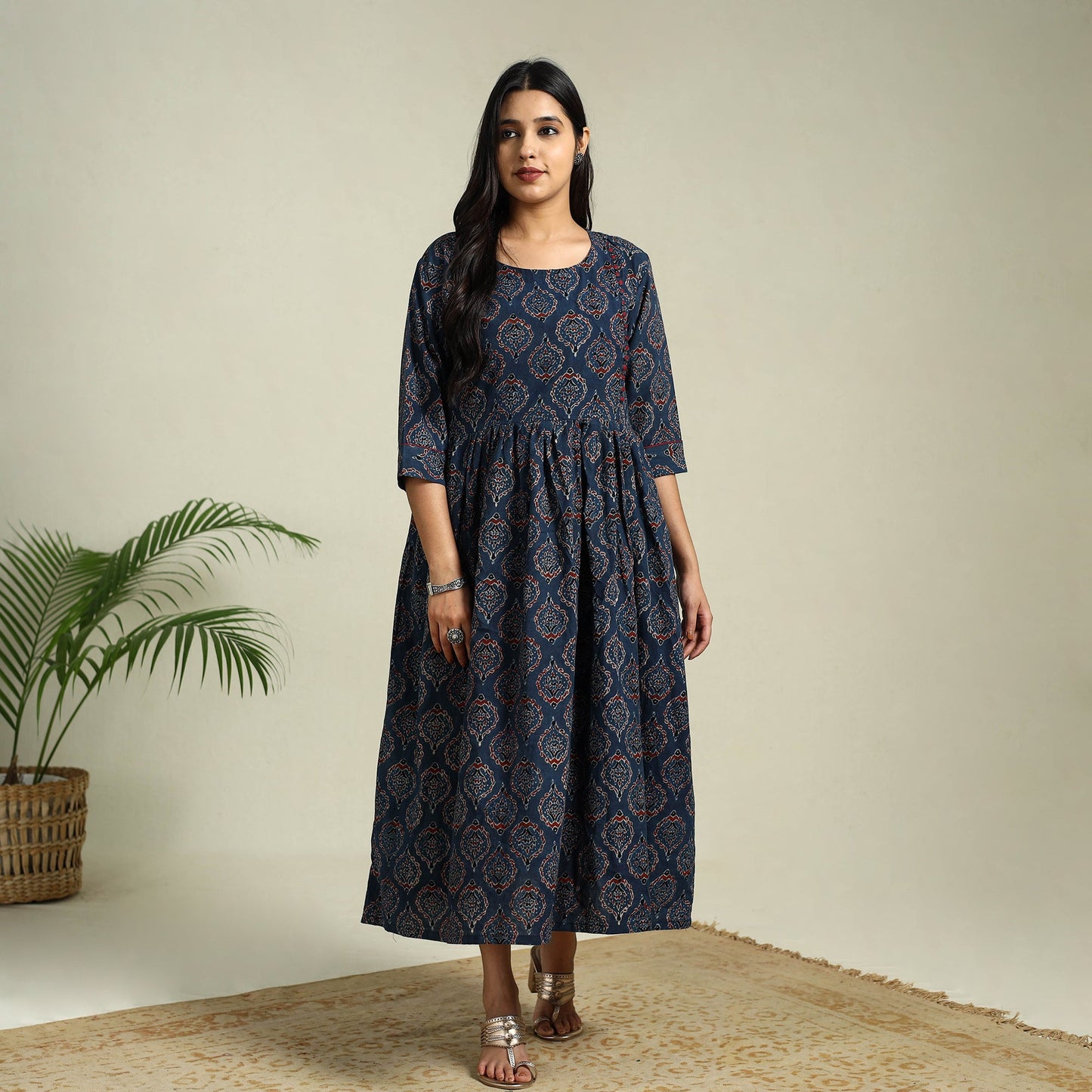 Buy Blue Hand Block Print Cotton Flared Ajrakh Dress